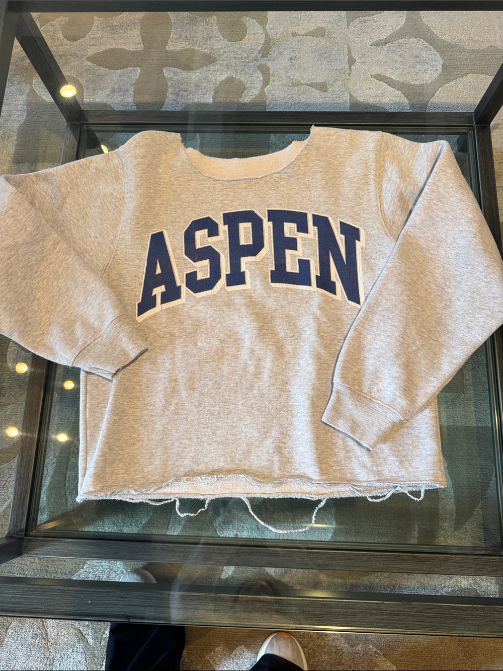 Brandy Melville Gray Aspen Cut Out Crewneck Sweatshirt with Navy Lettering